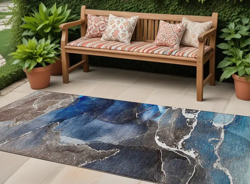 Blue Abstract Washable Non Skid Indoor Outdoor Runner Rug Photo 1