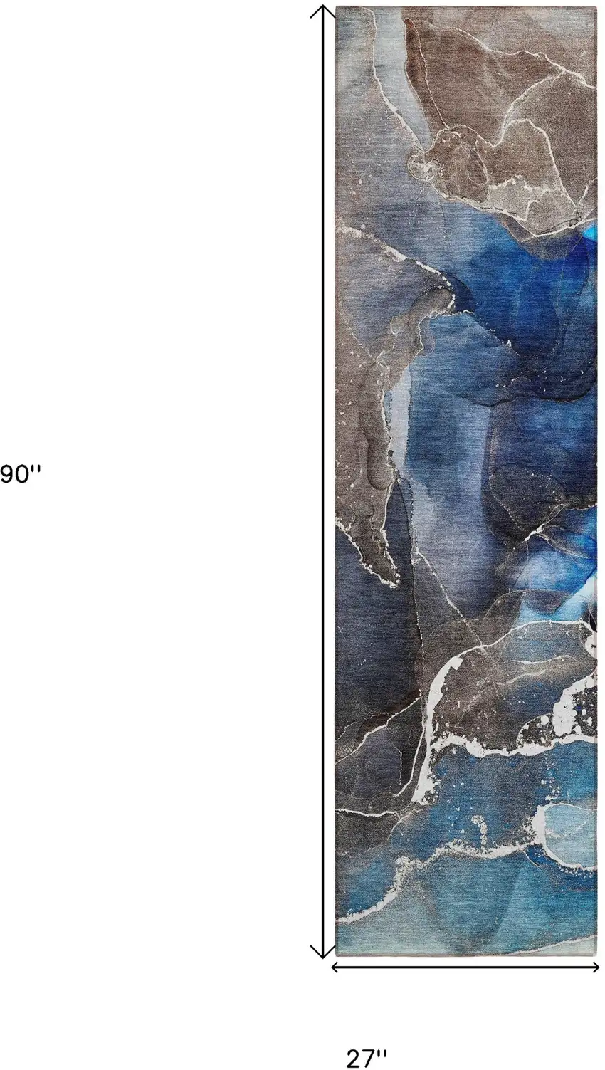 Blue Abstract Washable Non Skid Indoor Outdoor Runner Rug Photo 3