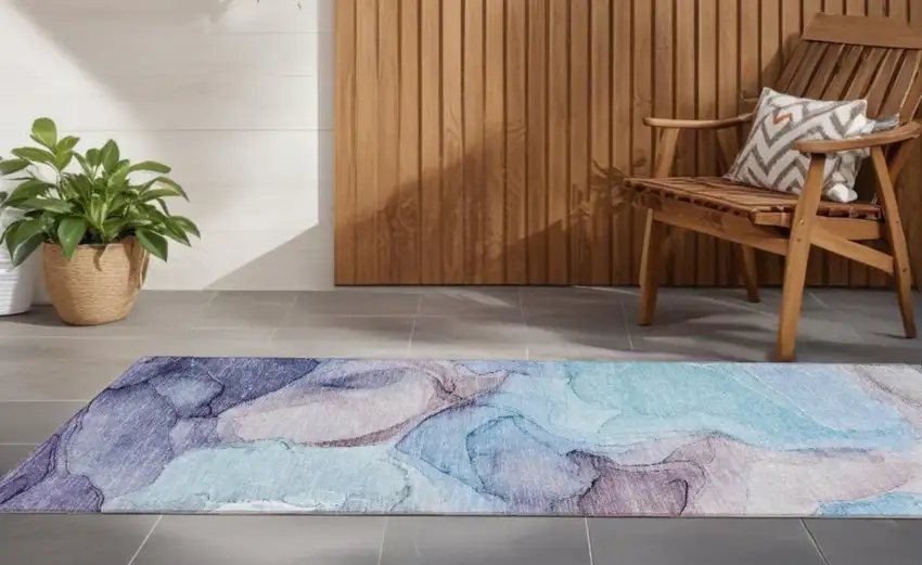 Blue Abstract Washable Non Skid Indoor Outdoor Runner Rug Photo 1