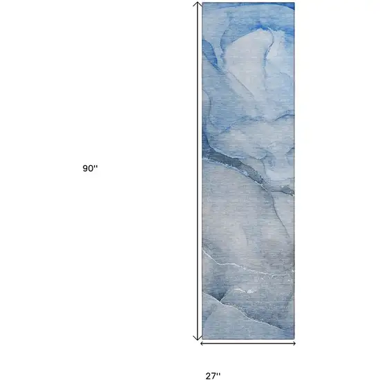 8' Runner Blue Abstract Washable Non Skid Indoor Outdoor Runner Rug Photo 3