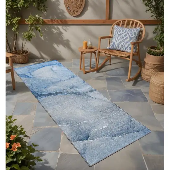Blue Abstract Washable Non Skid Indoor Outdoor Runner Rug Photo 1
