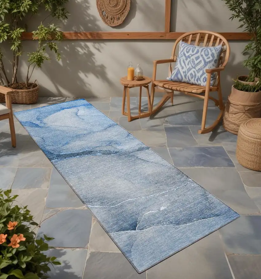 Blue Abstract Washable Non Skid Indoor Outdoor Runner Rug Photo 1