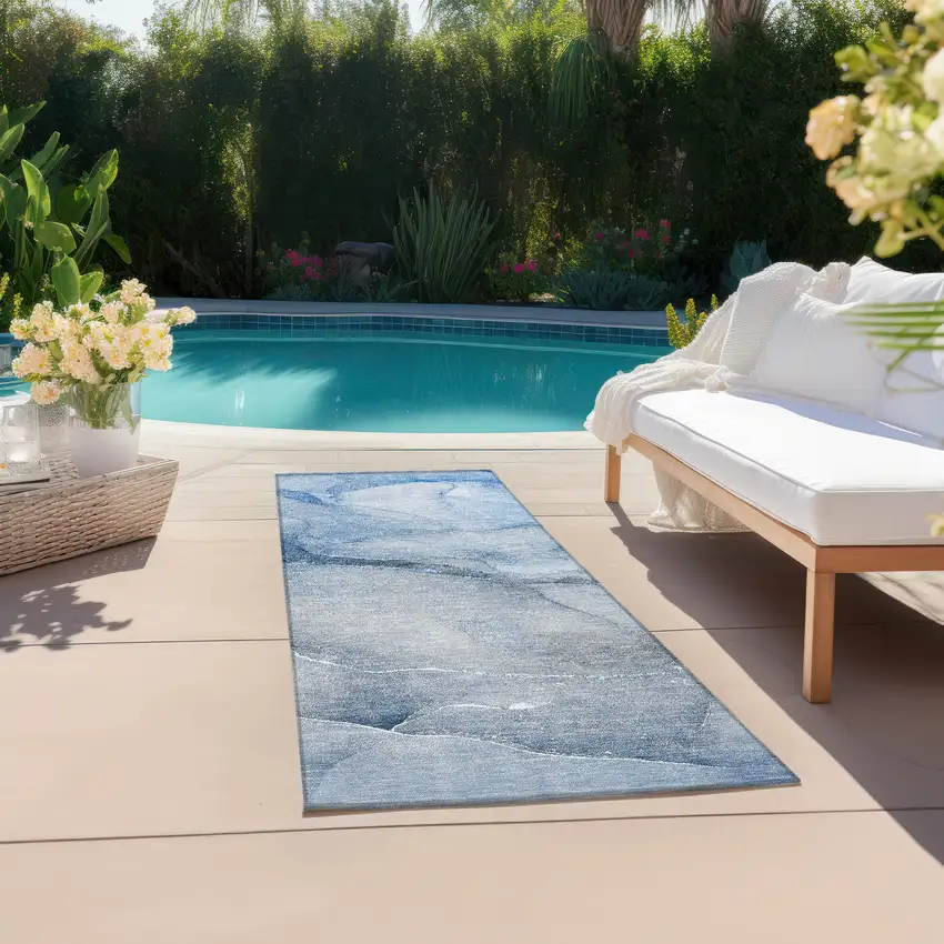 Blue Abstract Washable Non Skid Indoor Outdoor Runner Rug Photo 8