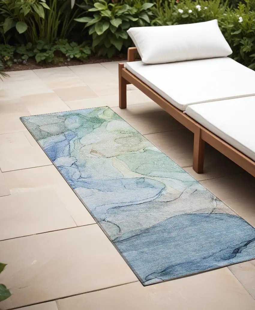 8' Runner Blue Abstract Washable Non Skid Indoor Outdoor Runner Rug Photo 1