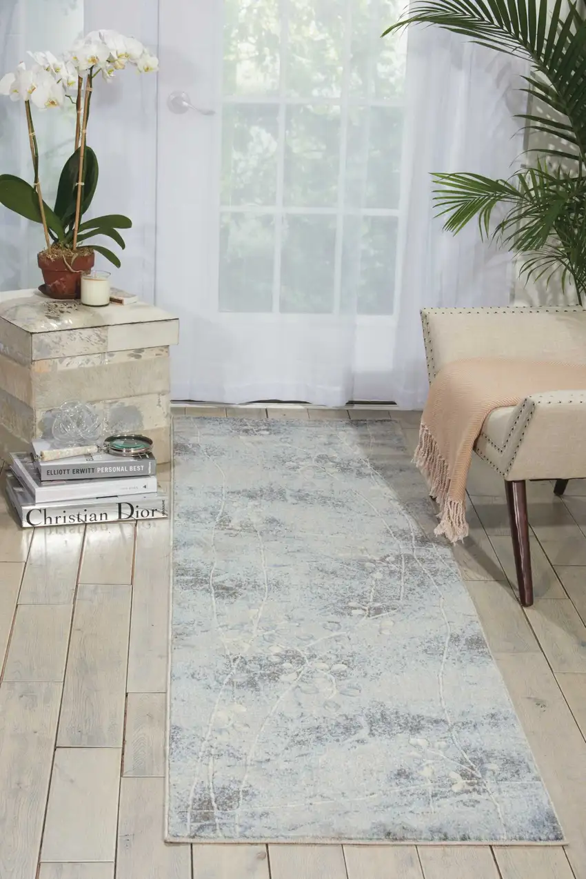 6' Runner Blue Floral Power Loom Runner Rug Photo 7