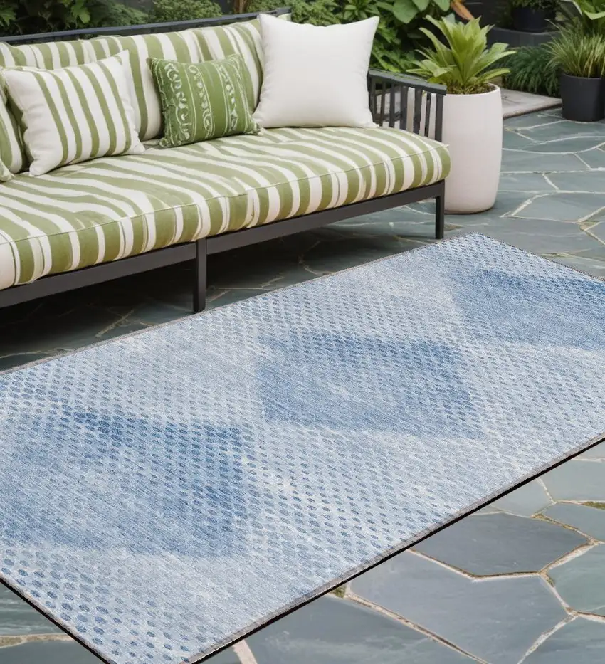 8' Runner Blue Geometric Washable Non Skid Indoor Outdoor Runner Rug Photo 1