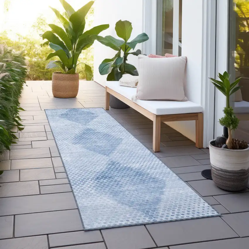Blue Geometric Washable Non Skid Indoor Outdoor Runner Rug Photo 8