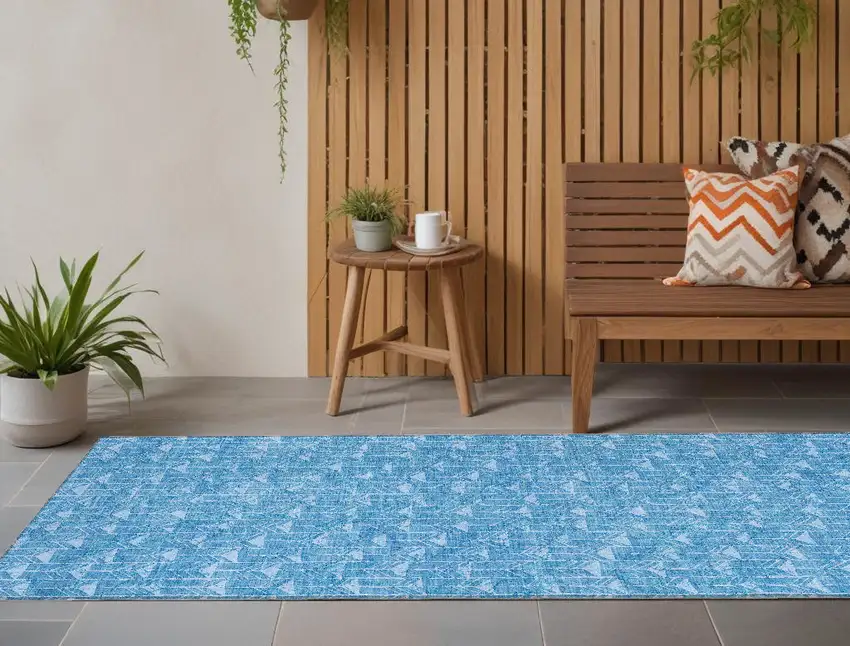 8' Runner Blue Geometric Washable Non Skid Indoor Outdoor Runner Rug Photo 1