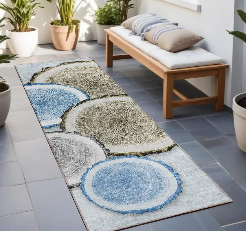 8' Runner Blue Gold and Gray Faux Bois Washable Non Skid Indoor Outdoor Runner Rug Photo 2