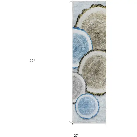 Blue Gold and Gray Faux Bois Washable Non Skid Indoor Outdoor Runner Rug Photo 9