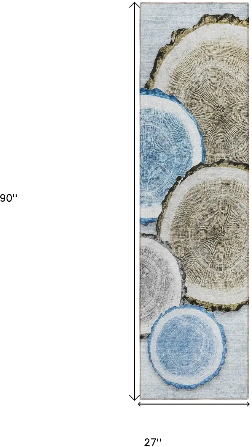 Blue Gold and Gray Faux Bois Washable Non Skid Indoor Outdoor Runner Rug Photo 9