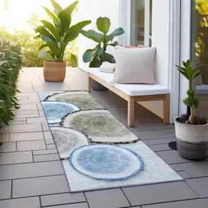 Photo of 8' Runner Blue Gold and Gray Faux Bois Washable Non Skid Indoor Outdoor Runner Rug