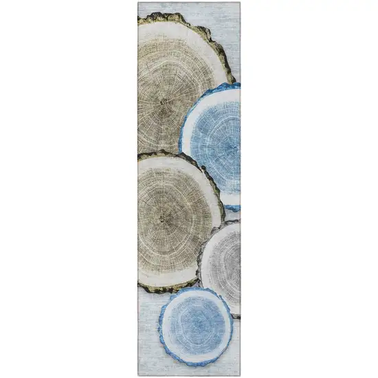 8' Runner Blue Gold and Gray Faux Bois Washable Non Skid Indoor Outdoor Runner Rug Photo 3