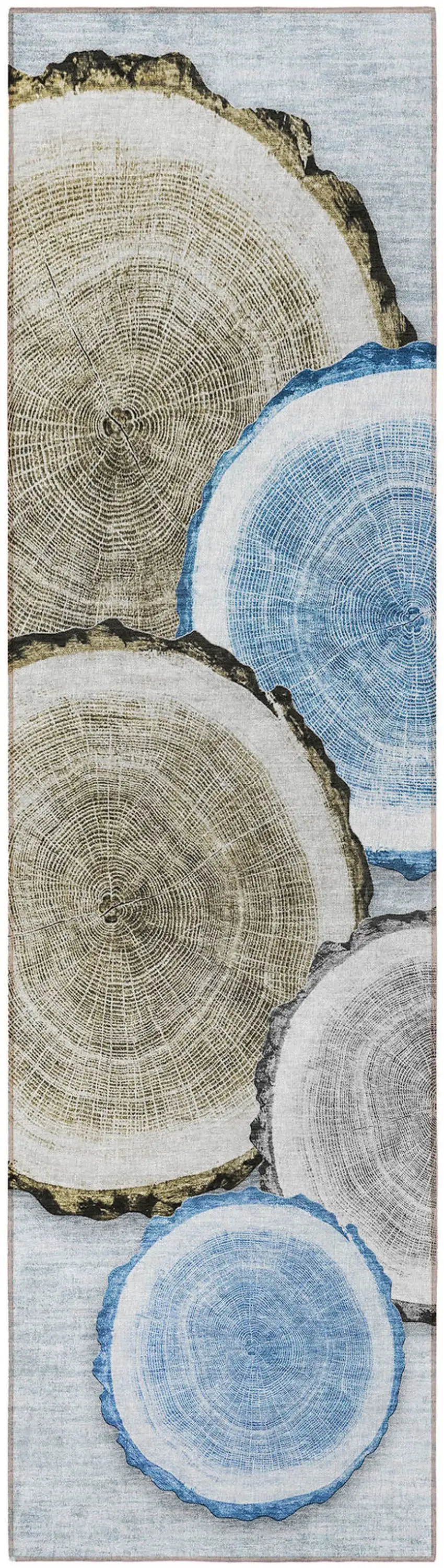 8' Runner Blue Gold and Gray Faux Bois Washable Non Skid Indoor Outdoor Runner Rug Photo 3