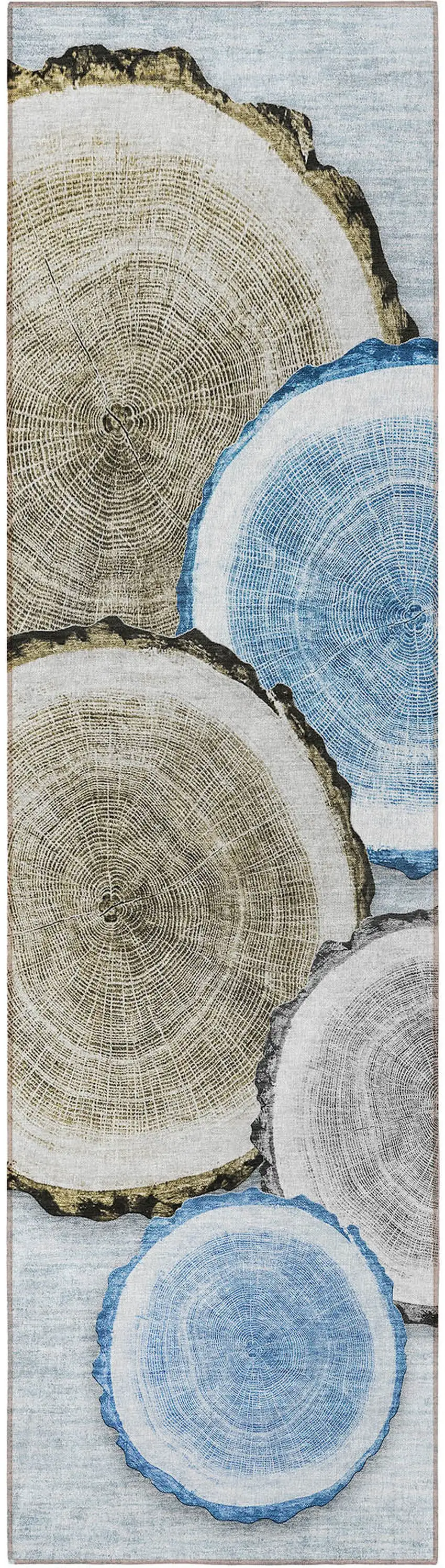 8' Runner Blue Gold and Gray Faux Bois Washable Non Skid Indoor Outdoor Runner Rug Photo 3
