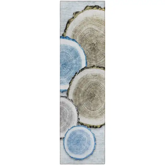 8' Runner Blue Gold and Gray Faux Bois Washable Non Skid Indoor Outdoor Runner Rug Photo 1