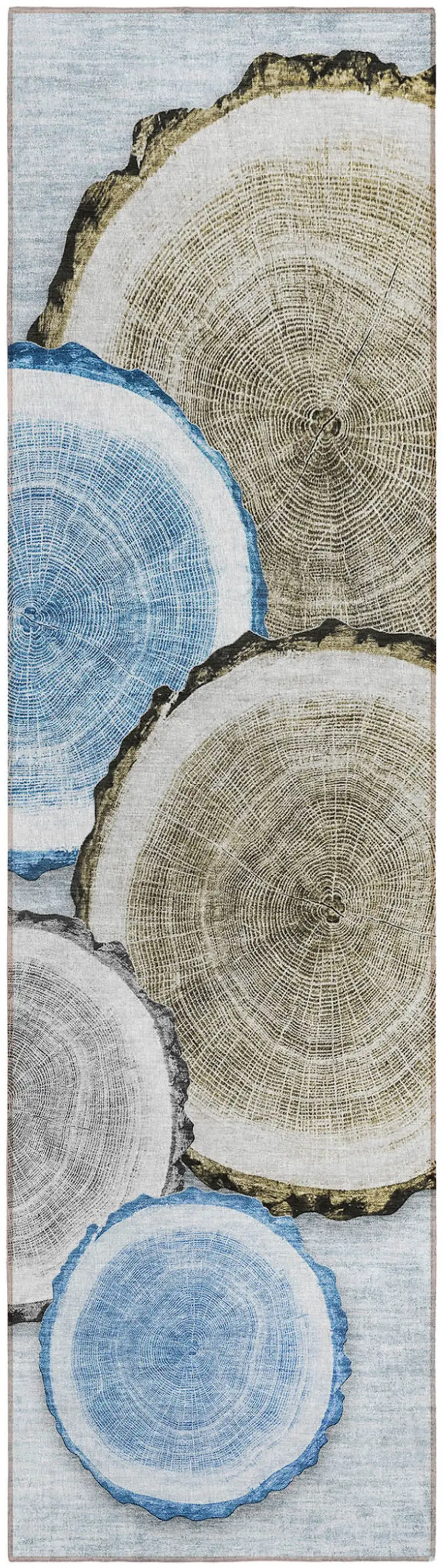 8' Runner Blue Gold and Gray Faux Bois Washable Non Skid Indoor Outdoor Runner Rug Photo 1