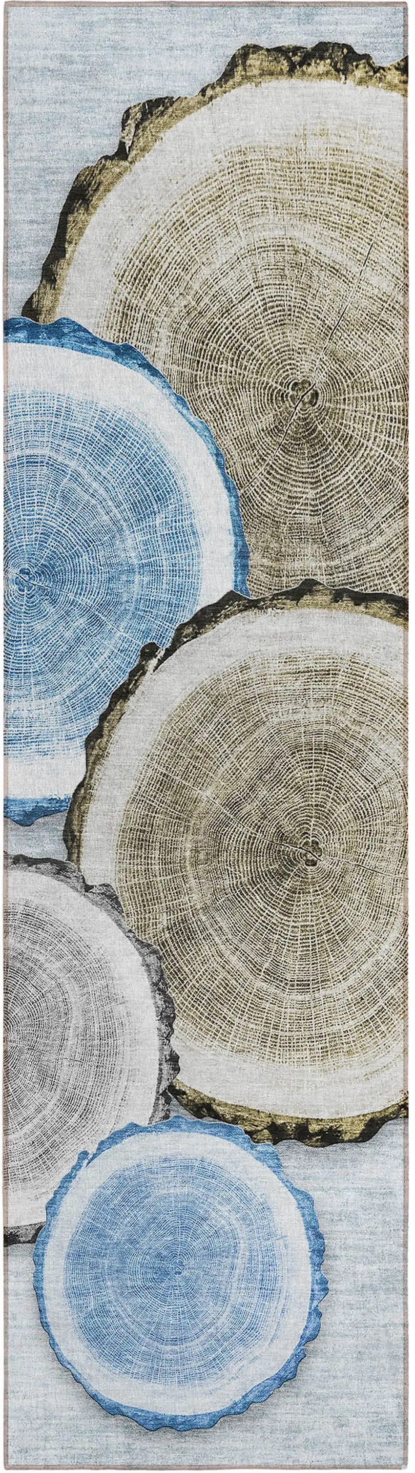 8' Runner Blue Gold and Gray Faux Bois Washable Non Skid Indoor Outdoor Runner Rug Photo 1