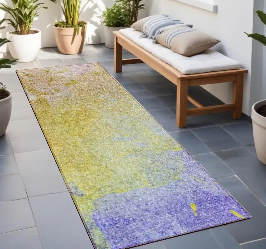 Blue Gold and Wheat Abstract Washable Non Skid Indoor Outdoor Runner Rug Photo 1