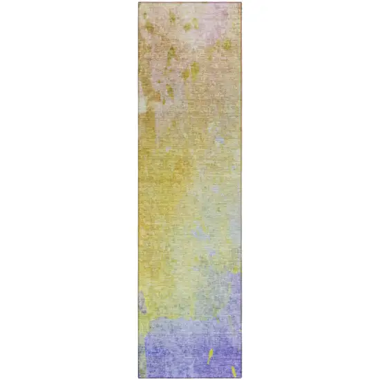 8' Runner Blue Gold and Wheat Abstract Washable Non Skid Indoor Outdoor Runner Rug Photo 2
