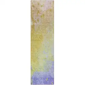 Photo of 8' Runner Blue Gold and Wheat Abstract Washable Non Skid Indoor Outdoor Runner Rug