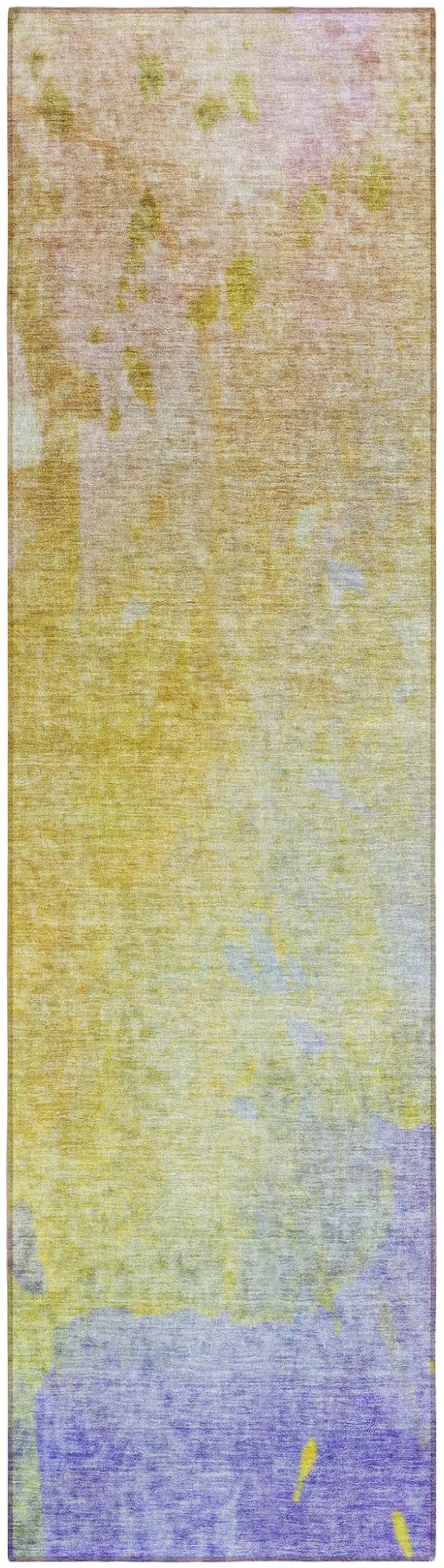 8' Runner Blue Gold and Wheat Abstract Washable Non Skid Indoor Outdoor Runner Rug Photo 2