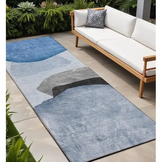 Blue Gray and Black Abstract Washable Non Skid Indoor Outdoor Runner Rug Photo 1