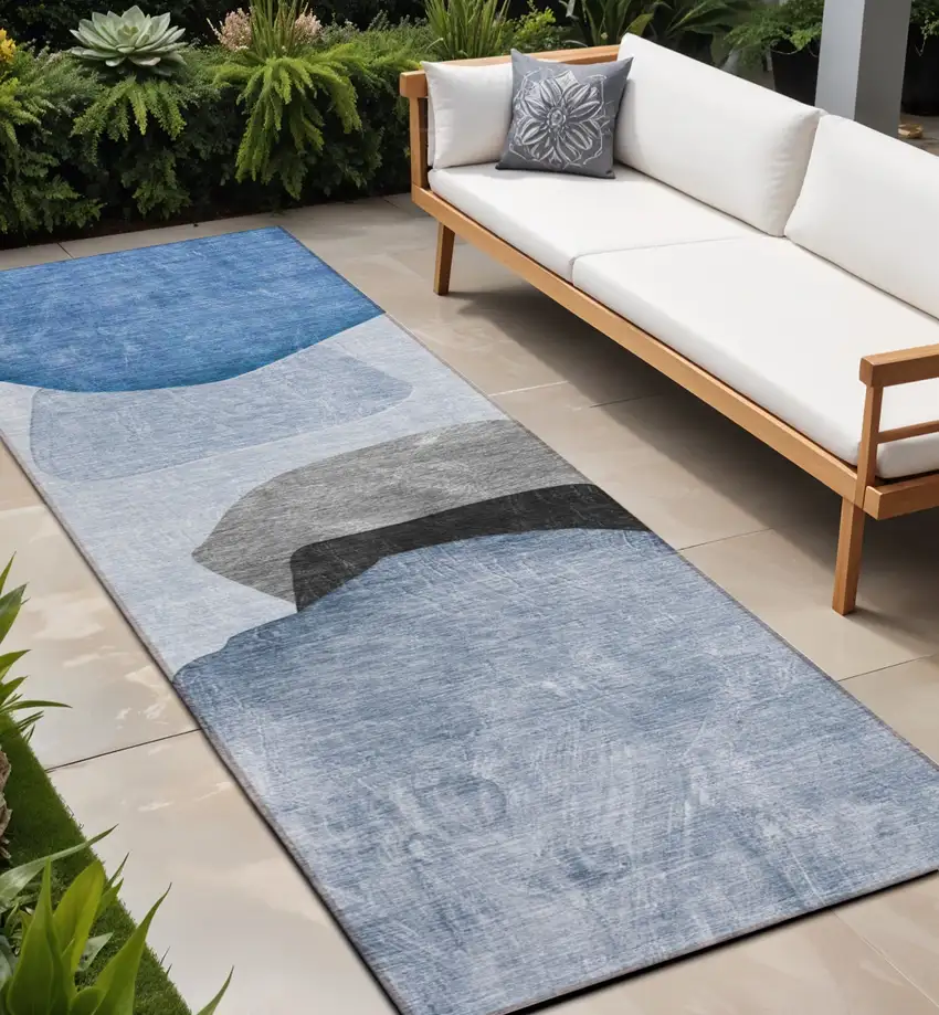 Blue Gray and Black Abstract Washable Non Skid Indoor Outdoor Runner Rug Photo 1
