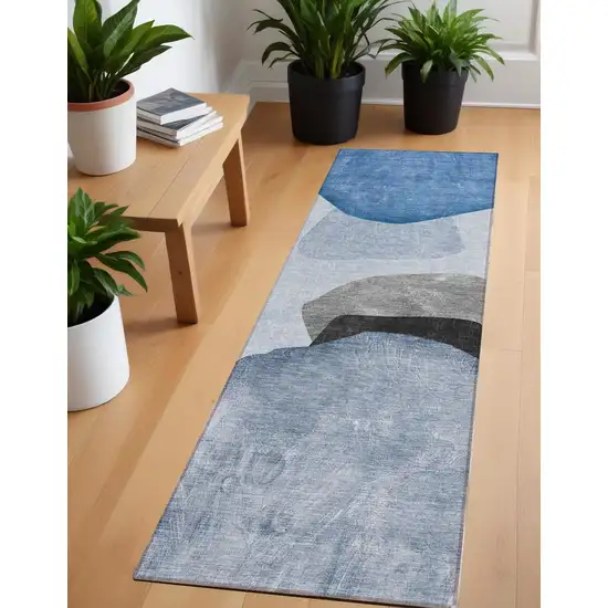 Blue Gray and Black Abstract Washable Non Skid Indoor Outdoor Runner Rug Photo 1