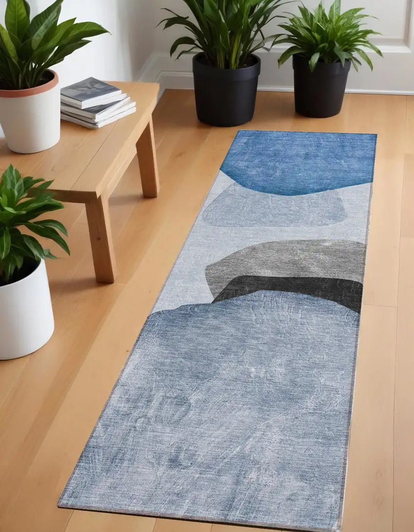 Blue Gray and Black Abstract Washable Non Skid Indoor Outdoor Runner Rug Photo 1