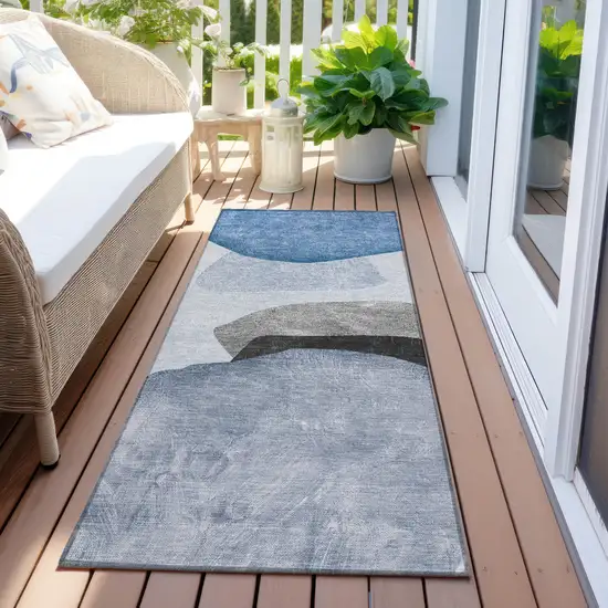 Blue Gray and Black Abstract Washable Non Skid Indoor Outdoor Runner Rug Photo 8
