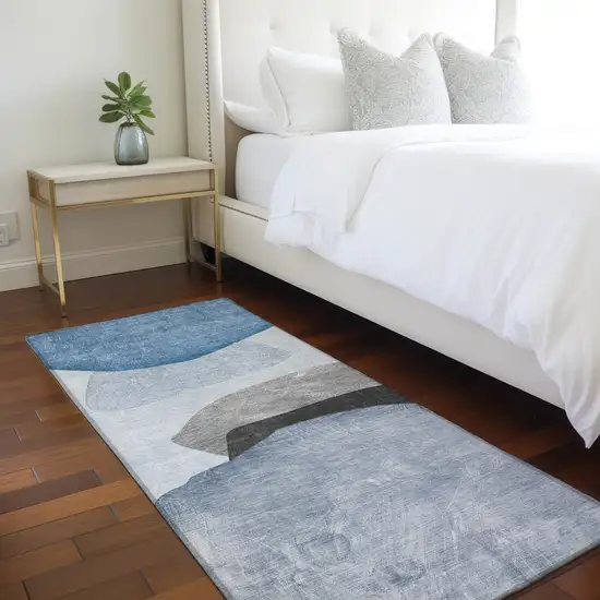 Blue Gray and Black Abstract Washable Non Skid Indoor Outdoor Runner Rug Photo 9