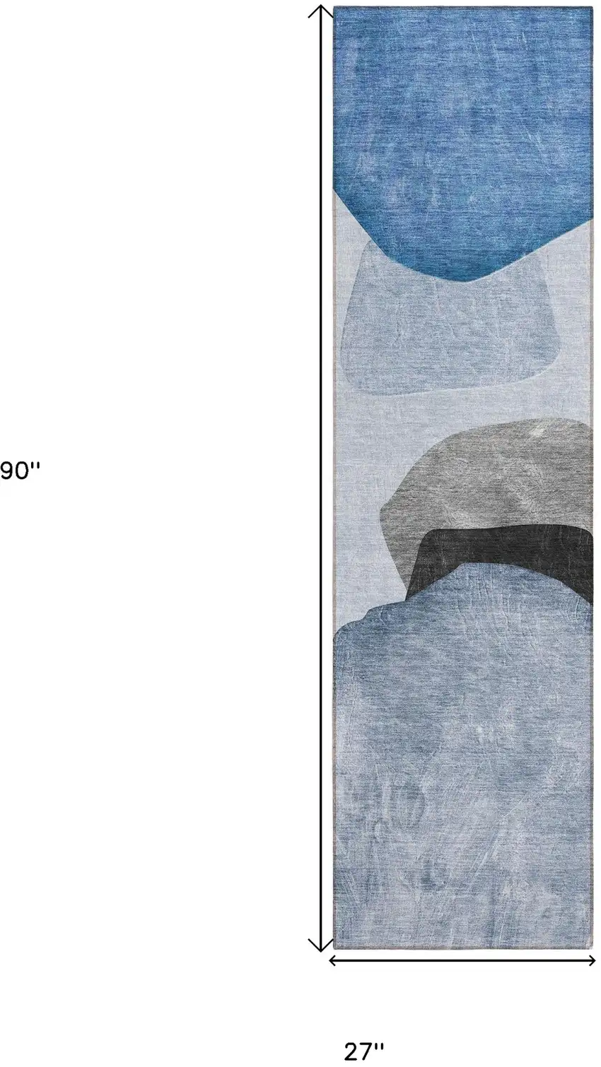 Blue Gray and Black Abstract Washable Non Skid Indoor Outdoor Runner Rug Photo 3