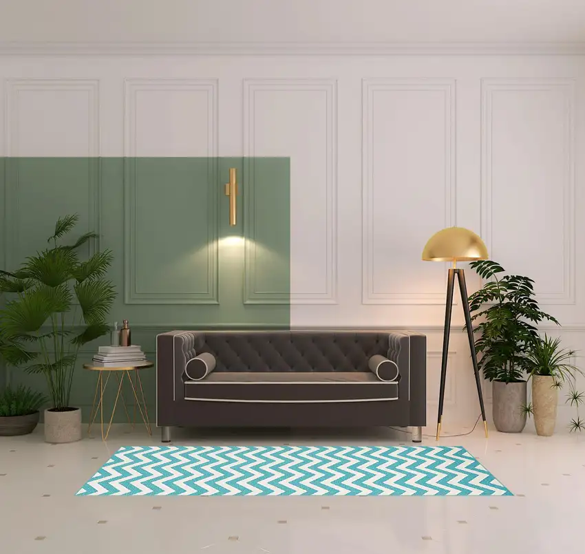 8' Runner Blue-Green/Cream Chevron Stain Resistant Indoor Outdoor Runner Rug Photo 2