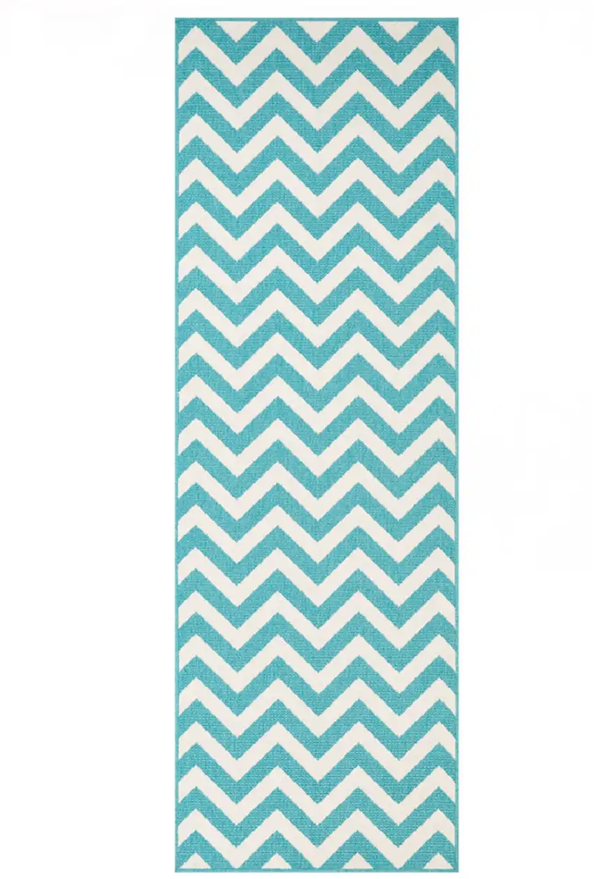 8' Runner Blue-Green/Cream Chevron Stain Resistant Indoor Outdoor Runner Rug Photo 1