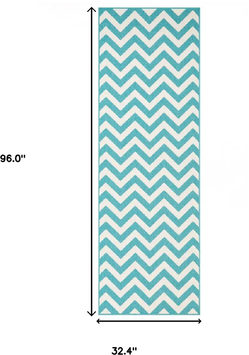 8' Runner Blue-Green/Cream Chevron Stain Resistant Indoor Outdoor Runner Rug Photo 6