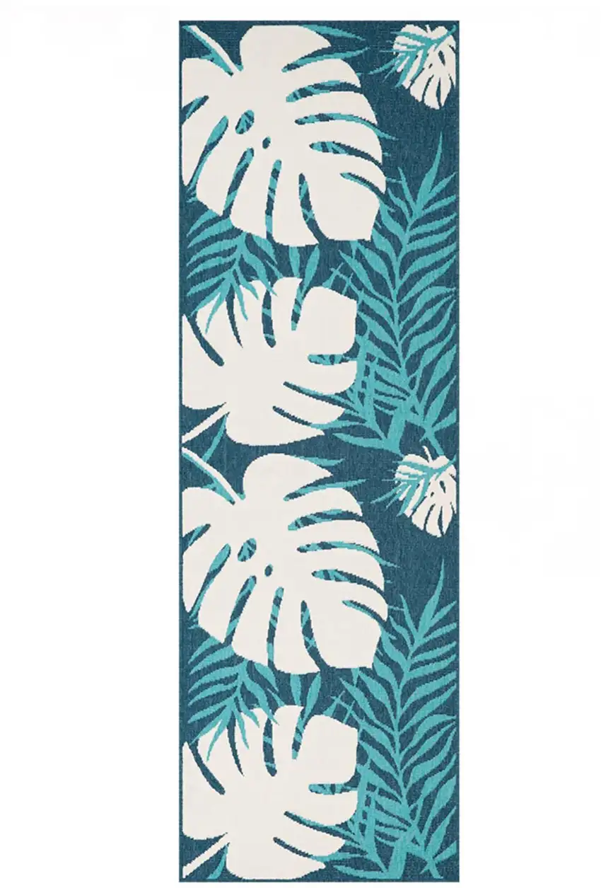 8' Runner Blue Green Cream Geometric Stain Resistant Indoor Outdoor Runner Rug Photo 1