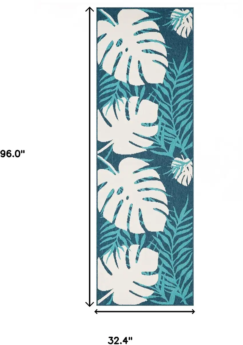 8' Runner Blue Green Cream Geometric Stain Resistant Indoor Outdoor Runner Rug Photo 6