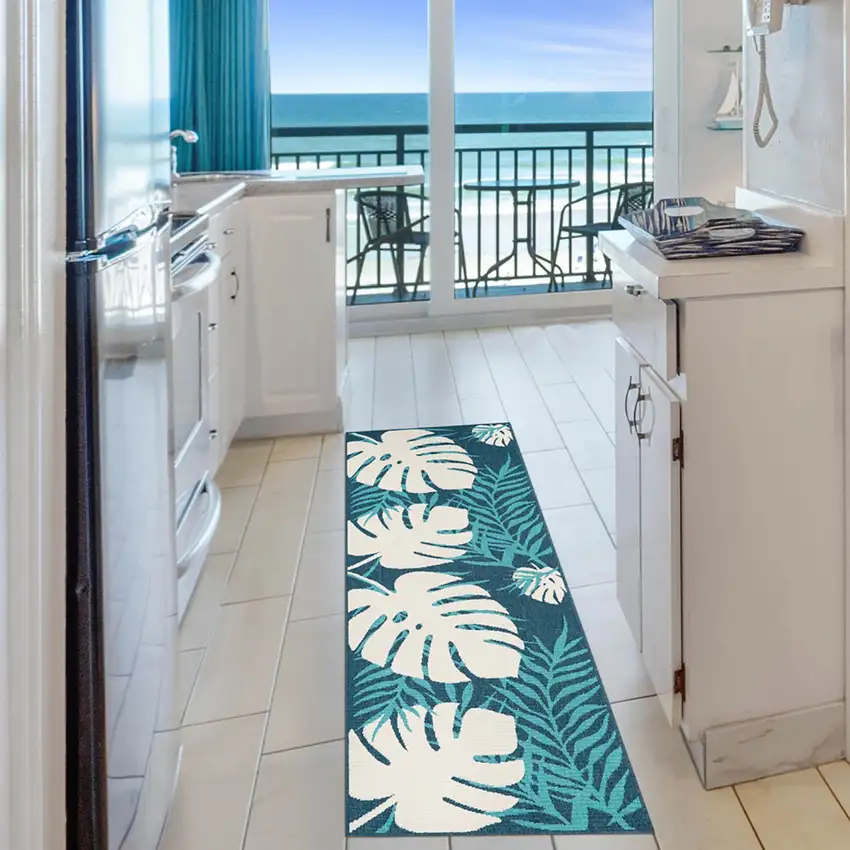 8' Runner Blue Green Cream Geometric Stain Resistant Indoor Outdoor Runner Rug Photo 5