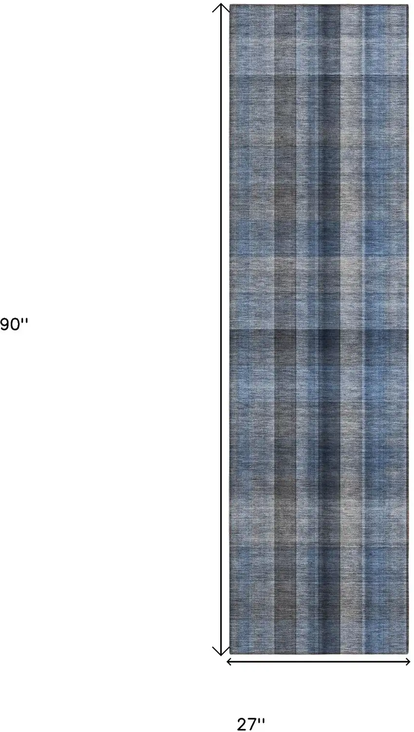 Blue Plaid Washable Non Skid Indoor Outdoor Runner Rug Photo 3