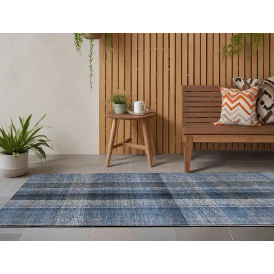 Blue Plaid Washable Non Skid Indoor Outdoor Runner Rug Photo 1