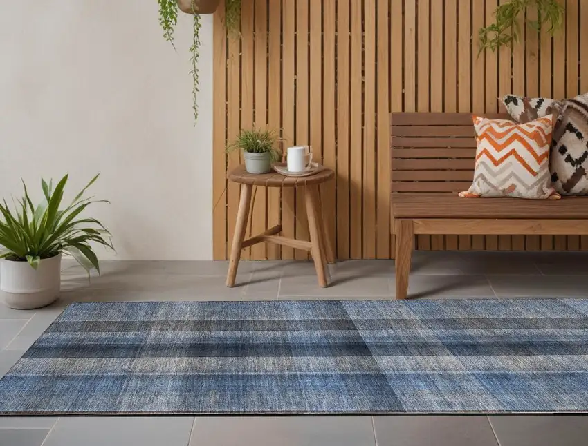 Blue Plaid Washable Non Skid Indoor Outdoor Runner Rug Photo 1