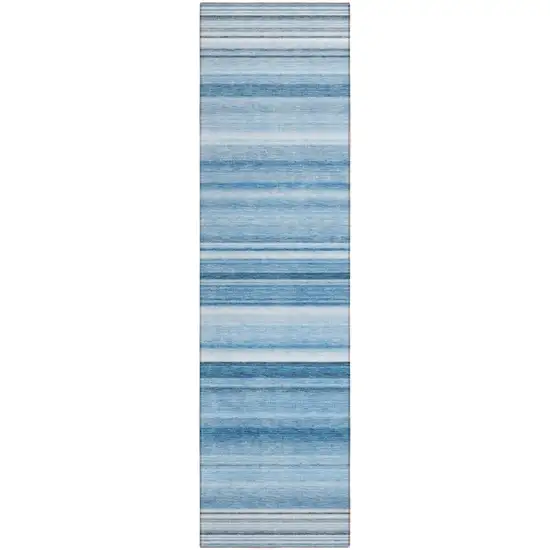 Blue Striped Washable Non Skid Indoor Outdoor Runner Rug Photo 2