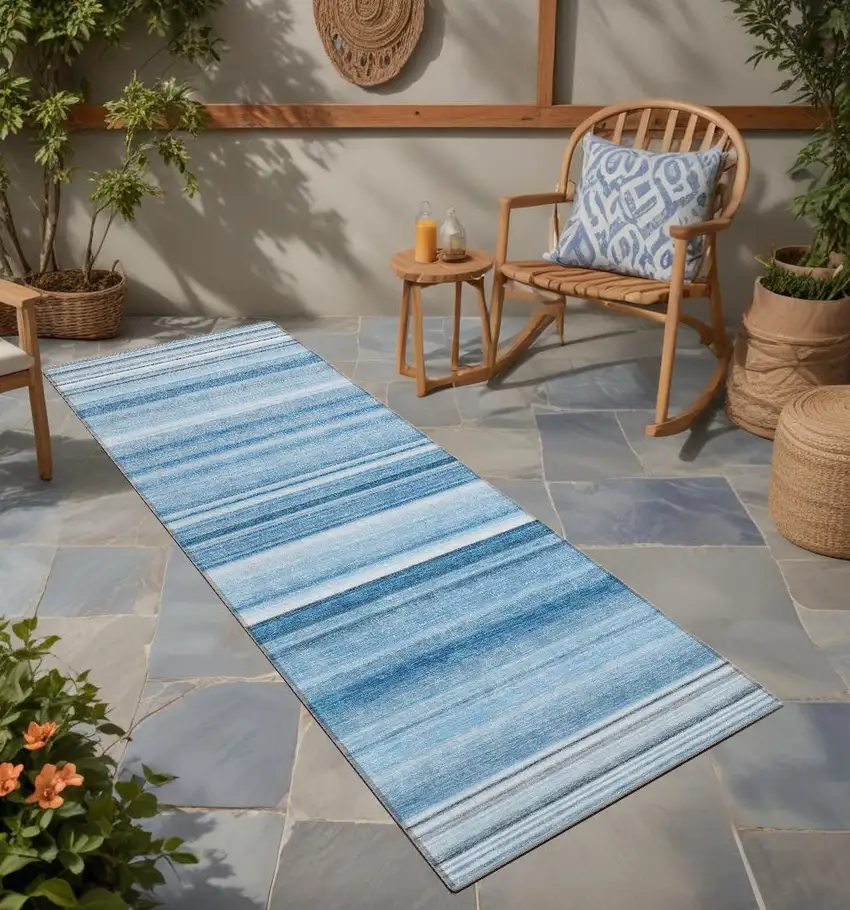 8' Runner Blue Striped Washable Non Skid Indoor Outdoor Runner Rug Photo 1