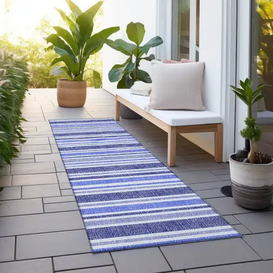Blue Striped Washable Indoor Outdoor Runner Rug Photo 5