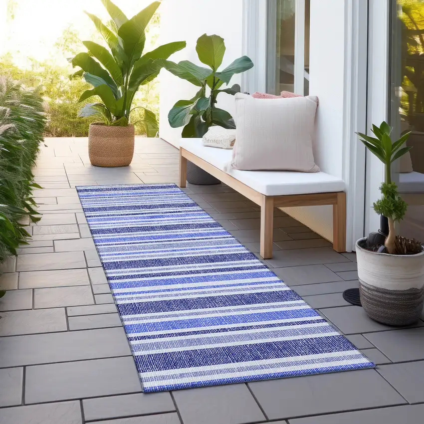 Blue Striped Washable Indoor Outdoor Runner Rug Photo 5