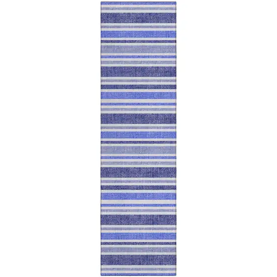 Blue Striped Washable Indoor Outdoor Runner Rug Photo 2