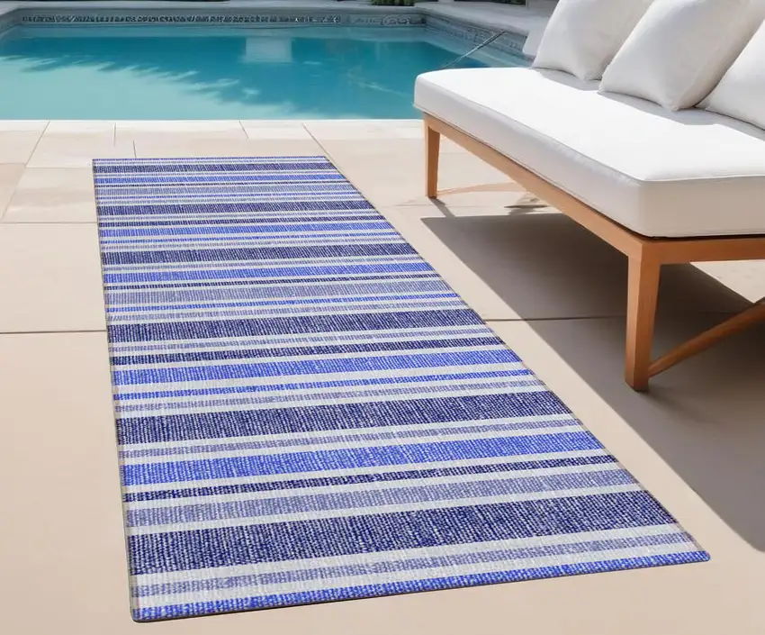 Blue Striped Washable Indoor Outdoor Runner Rug Photo 1