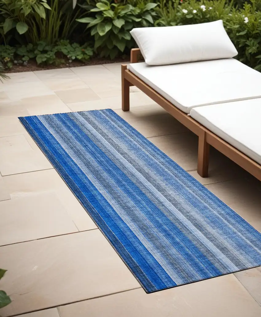 Blue Striped Washable Non Skid Indoor Outdoor Runner Rug Photo 1