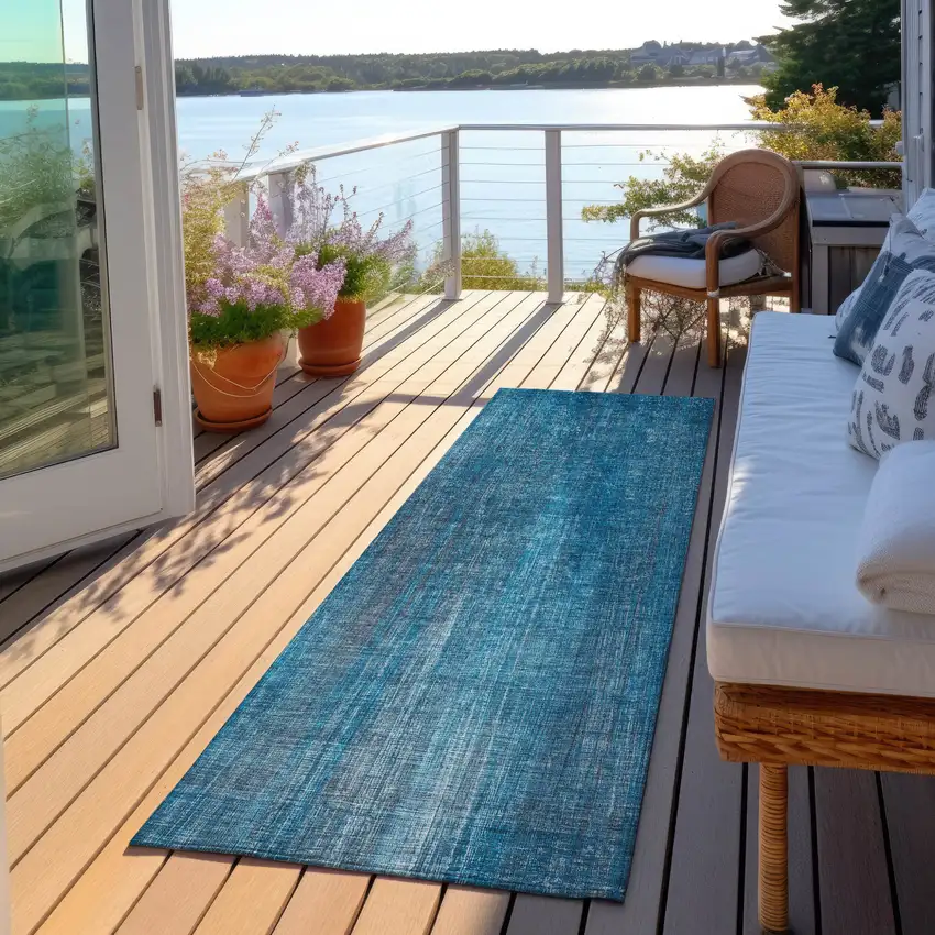 Blue Striped Washable Non Skid Indoor Outdoor Runner Rug Photo 6